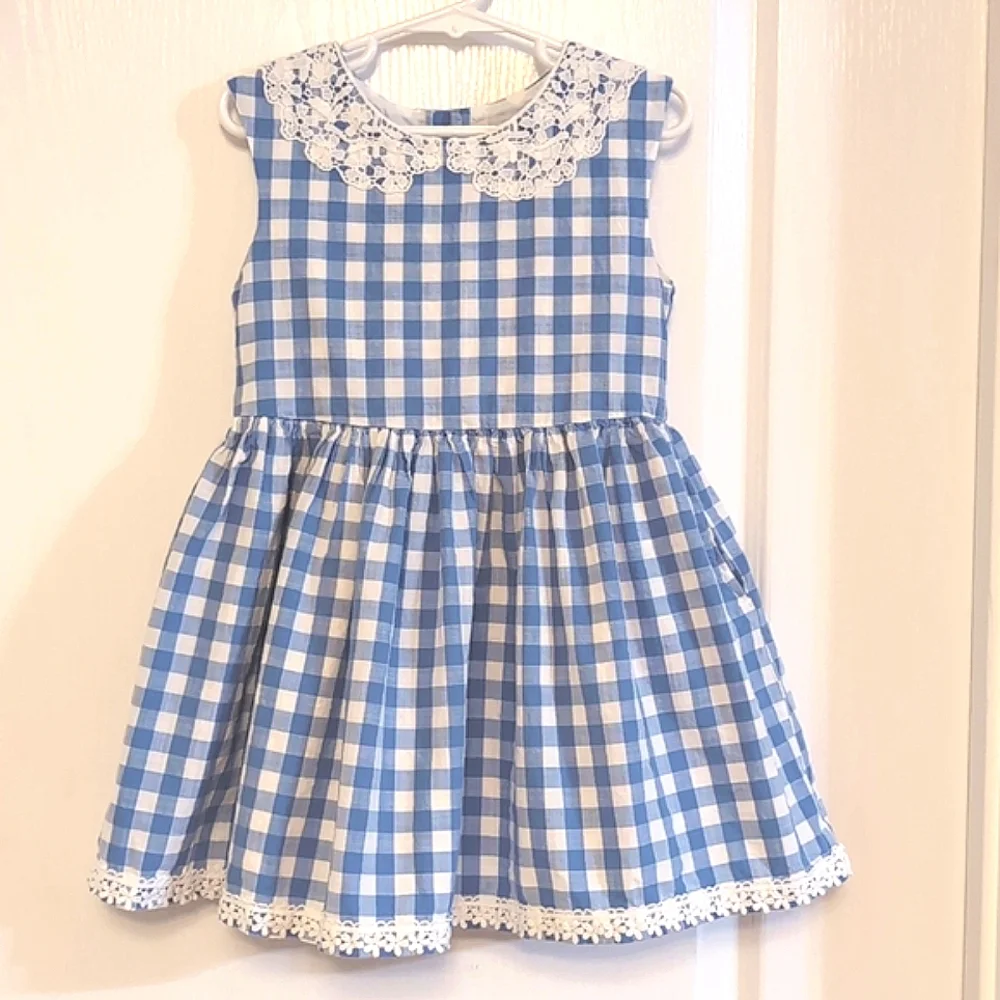 OshKosh Blue & White Check Dress Size 5T. Lace trim